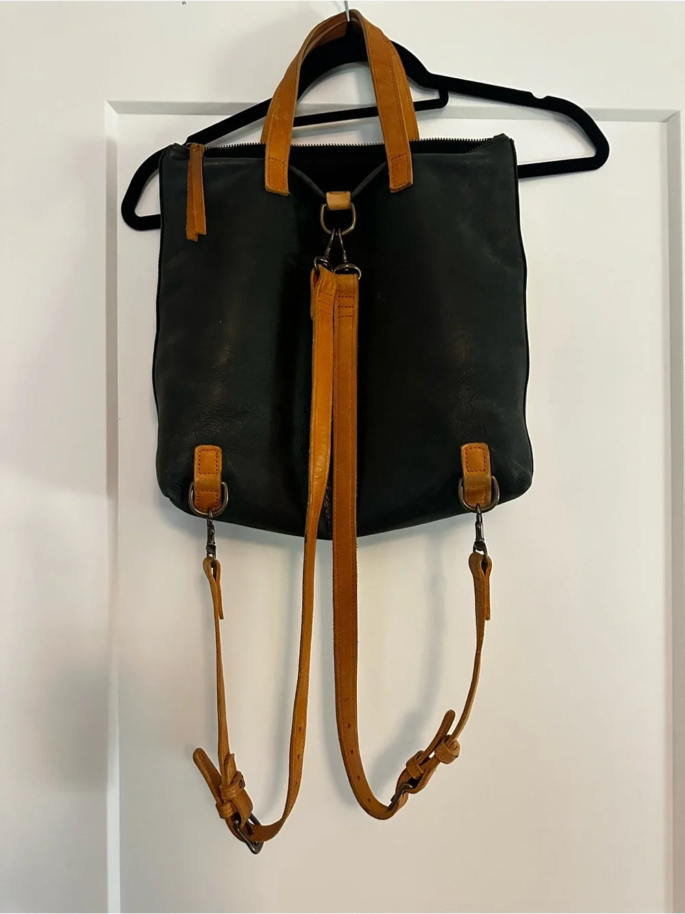 Able Black Leather Tote with Tan Handles